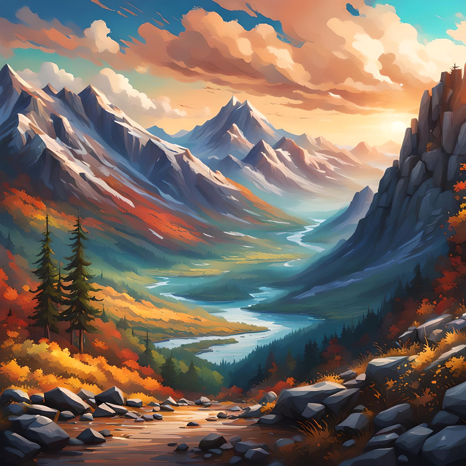 Hyperrealistic Mountain Scenic View Splash Art