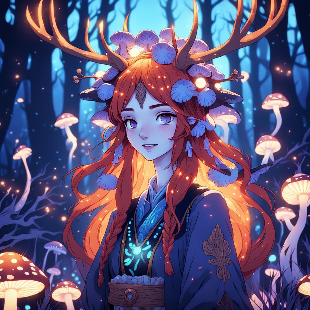 Whimsical Anime Girl with Elk Headdress in a Fantastical Mus...