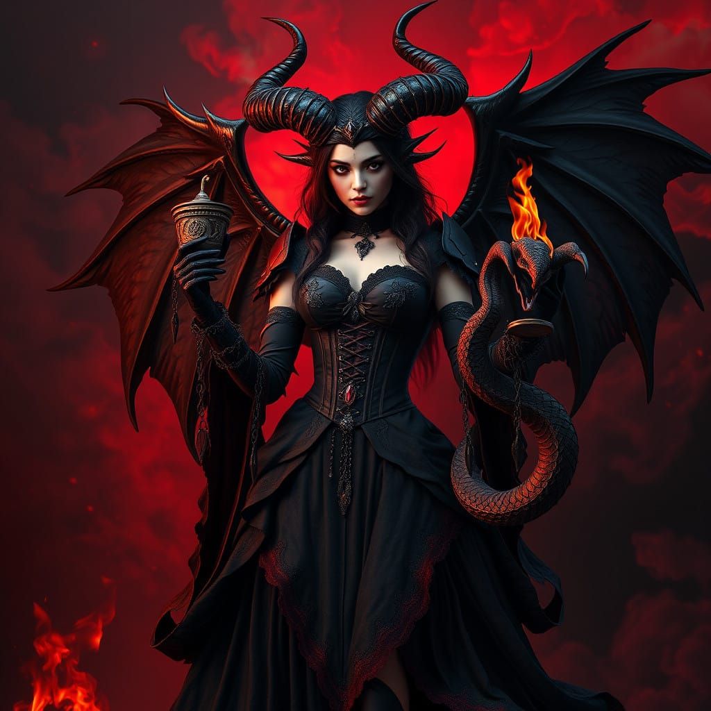Dark Fantasy Woman with Wings and Horns in Fiery, Smoky Atmo...