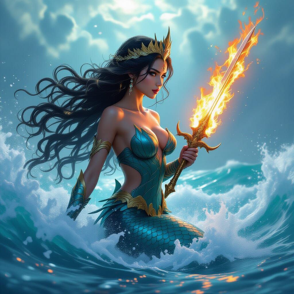 Mermaid Queen Halts Ocean Battle: Hyperrealistic Splash Art