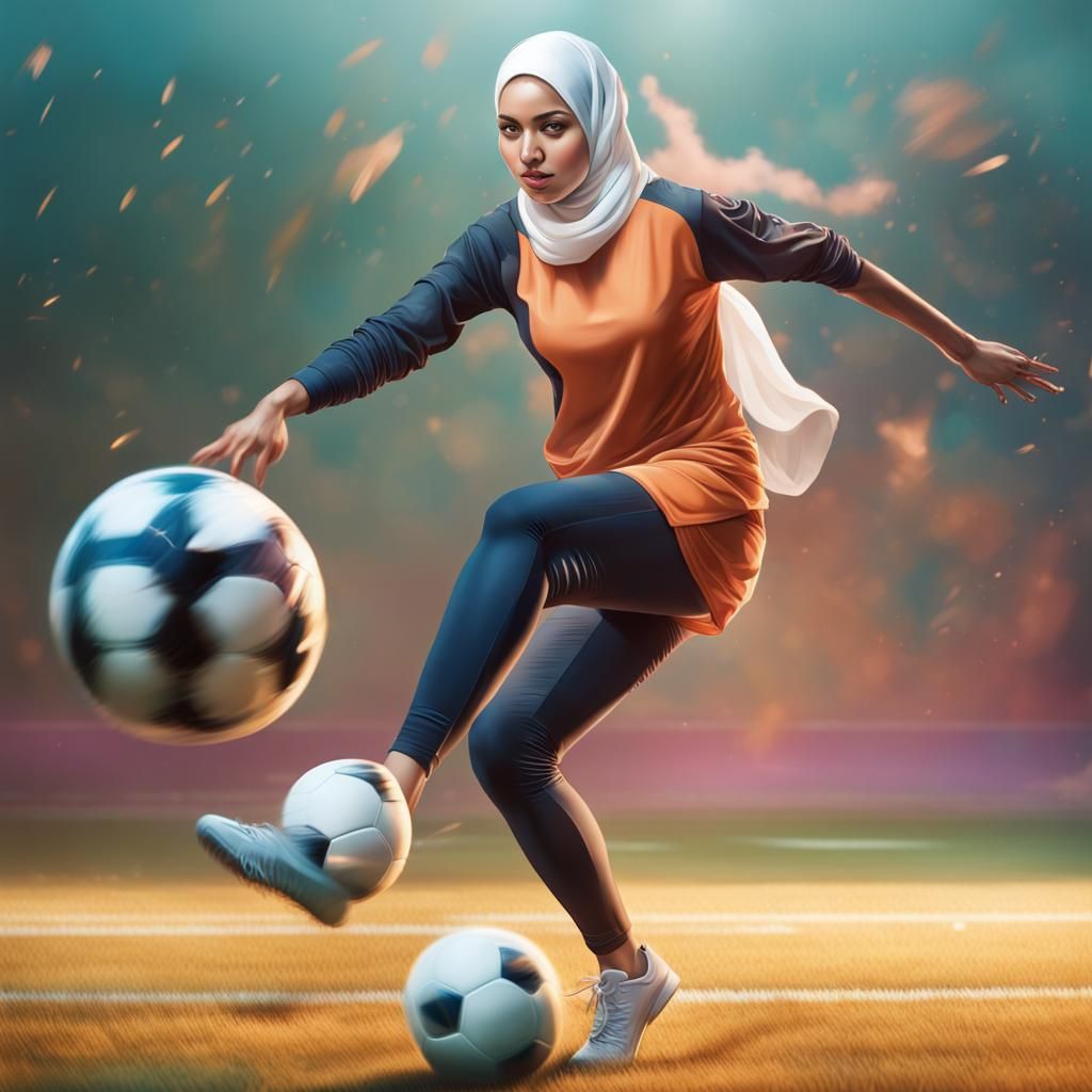 Woman in Hijab Plays Football: Hyperrealistic Splash Art