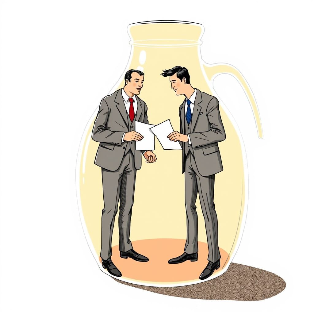 Two Executives Trade Deals Inside a Giant Cider Jug