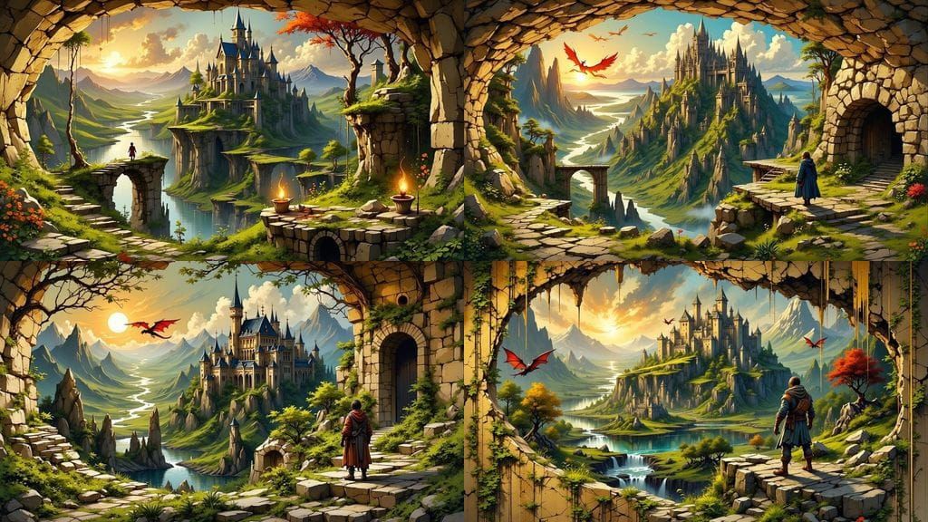 Majestic Fantasy Landscape with Dragons and Castles