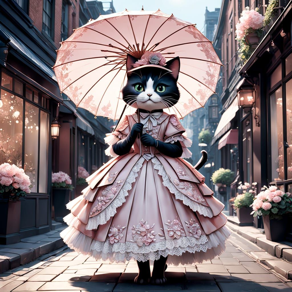 Kawaii Cat in Victorian Attire Strolls through City Streets