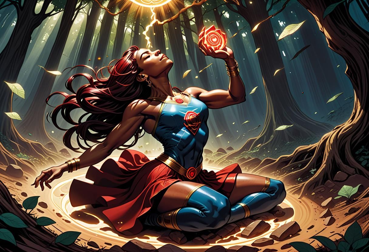 Female Recharges Chakra in Sunlight: Comic Book Art