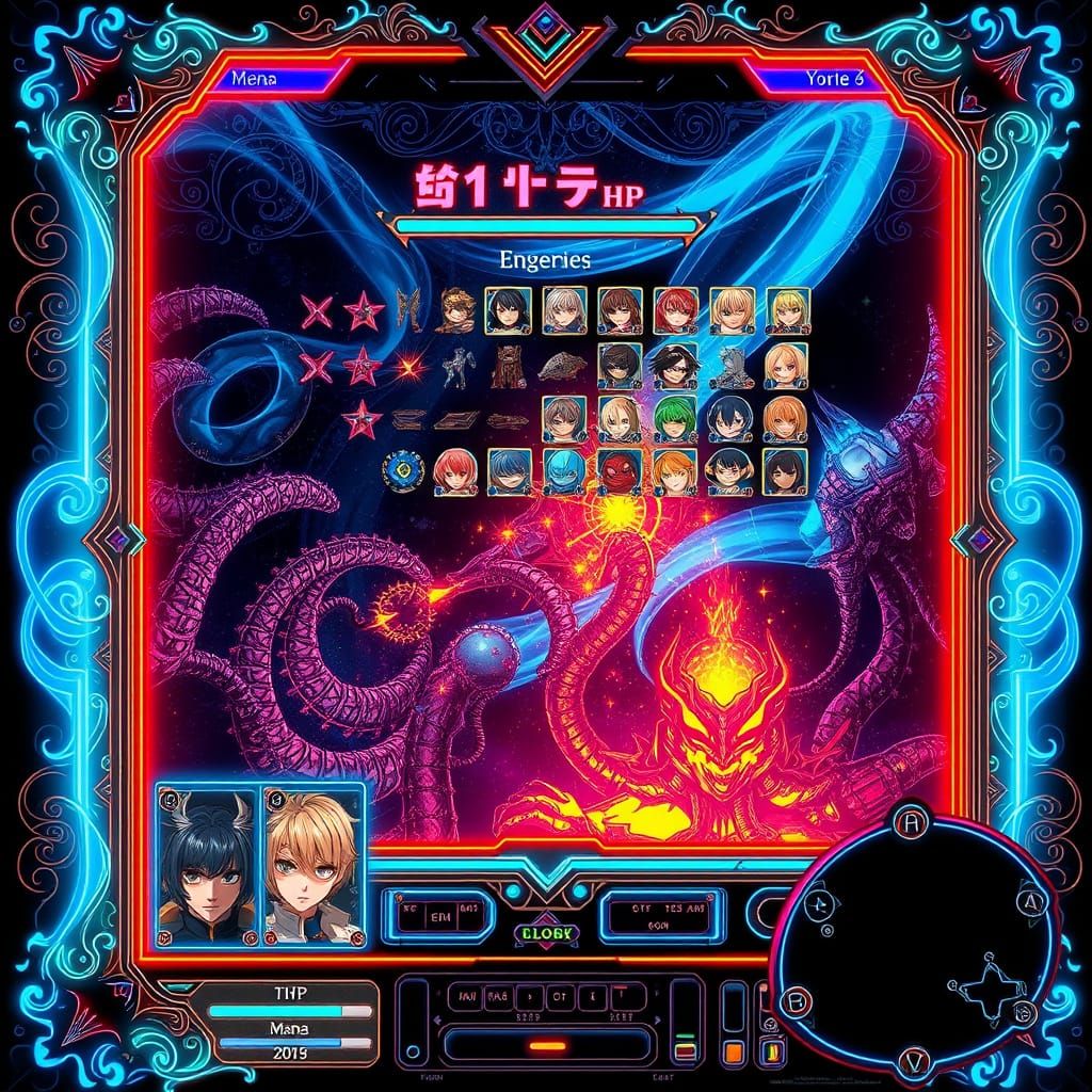 Futuristic Cyberpunk Battle Screen in Neon Colors