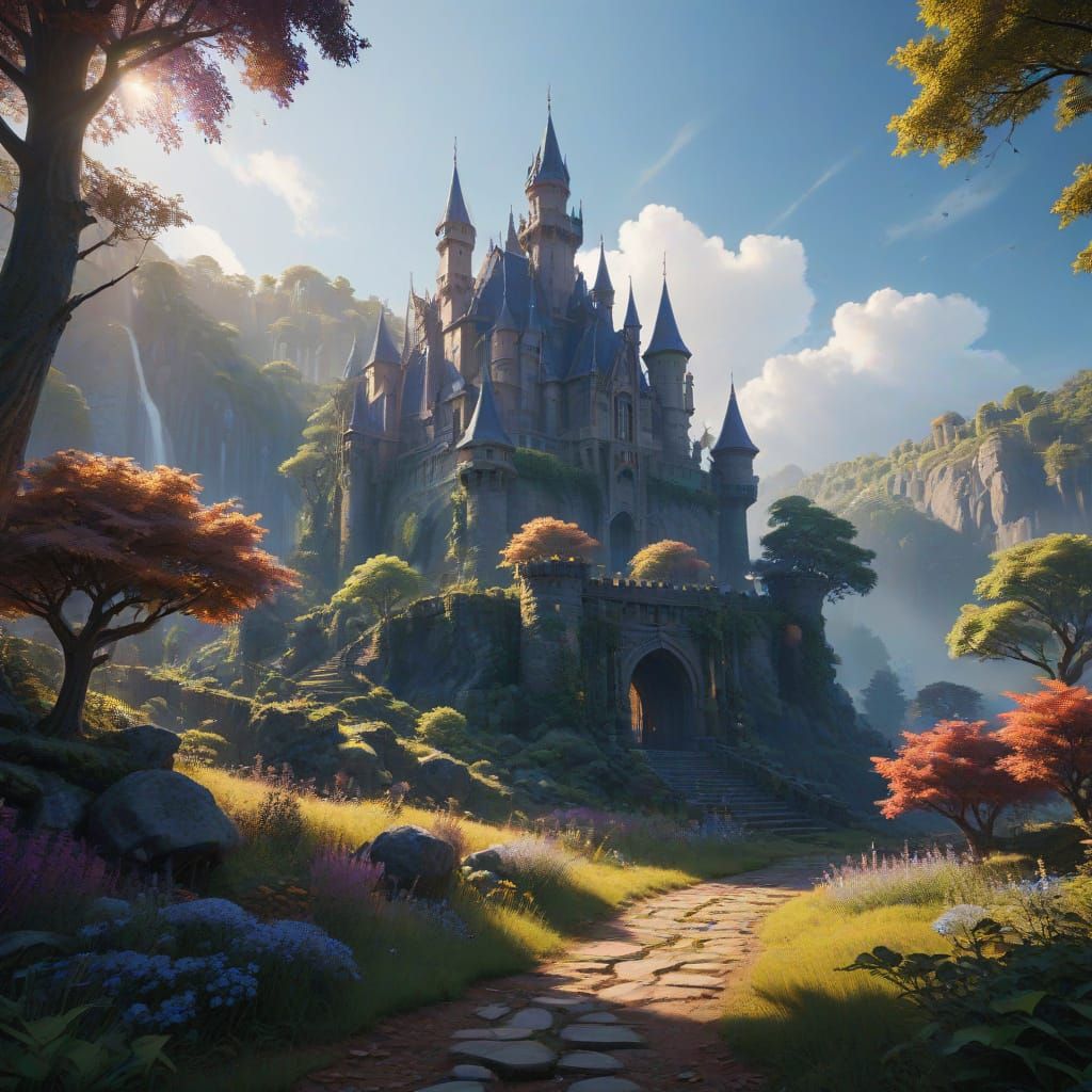 Vibrant Fantasy Castle Landscape in Expressive Watercolor St...