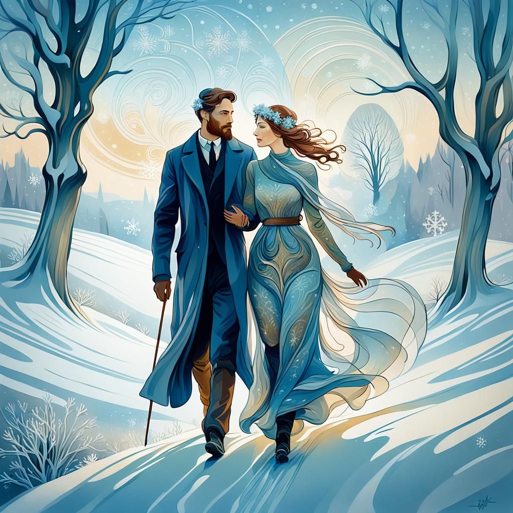 Romantic Couple in Snowy Field, Art Nouveau Painting