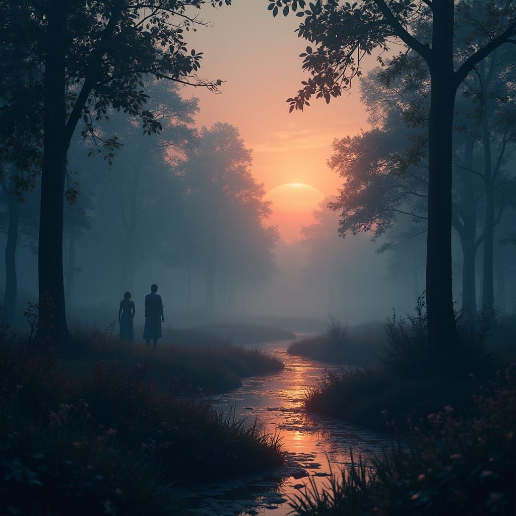 A serene and mysterious scene capturing the transition from day to night, where soft, unseen voices or the rustling of n...