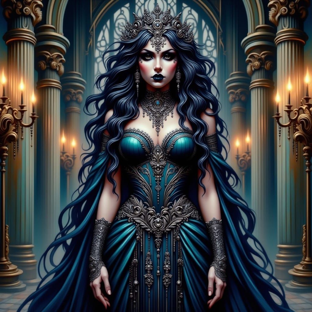 Majestic Gothic Queen in Moonlit Castle Chamber