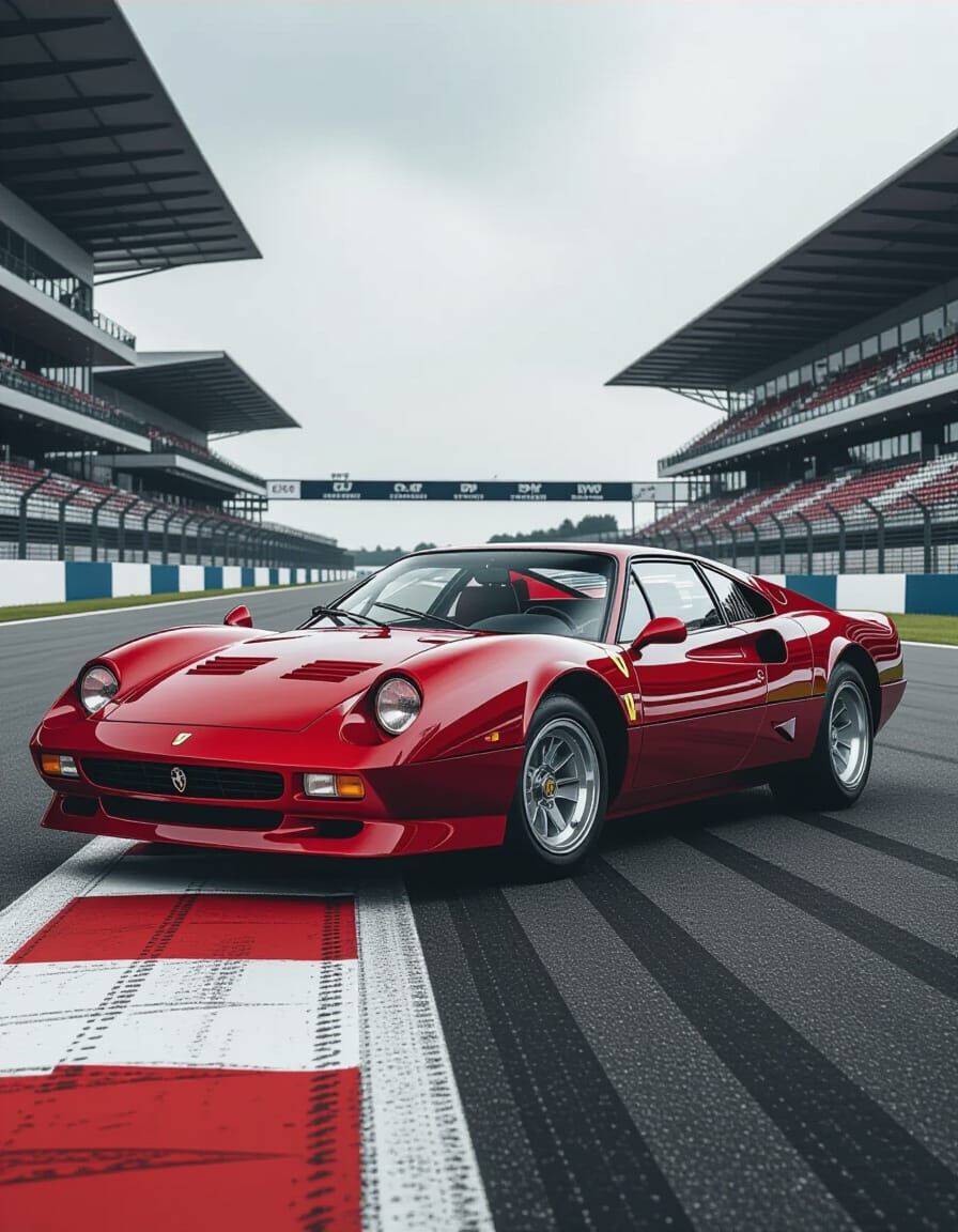 Glossy Wine Red Retro Sports Car at Race Track
