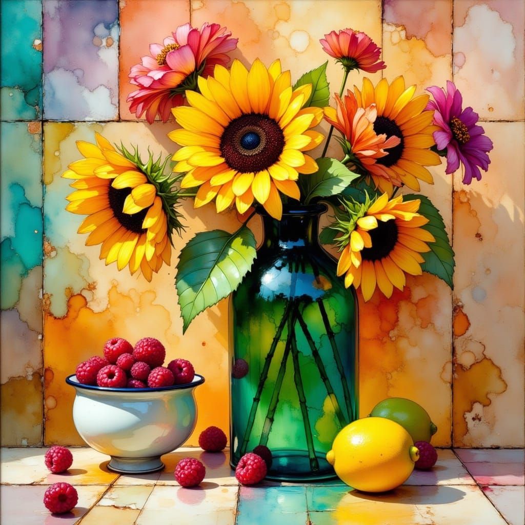 Sunflower Still-Life in Carne Griffiths Style