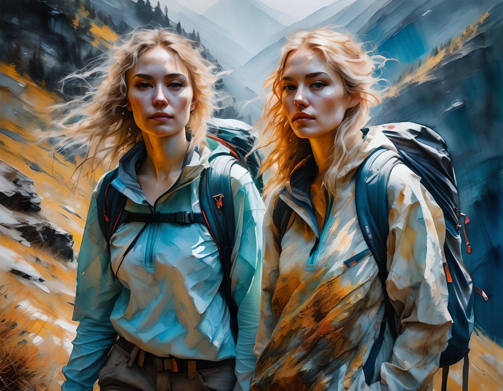 Friends Hiking in Mountains as Oil Painting