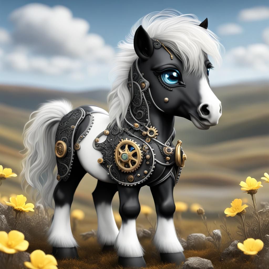 Steampunk Chibi Dartmoor Pony with Primroses