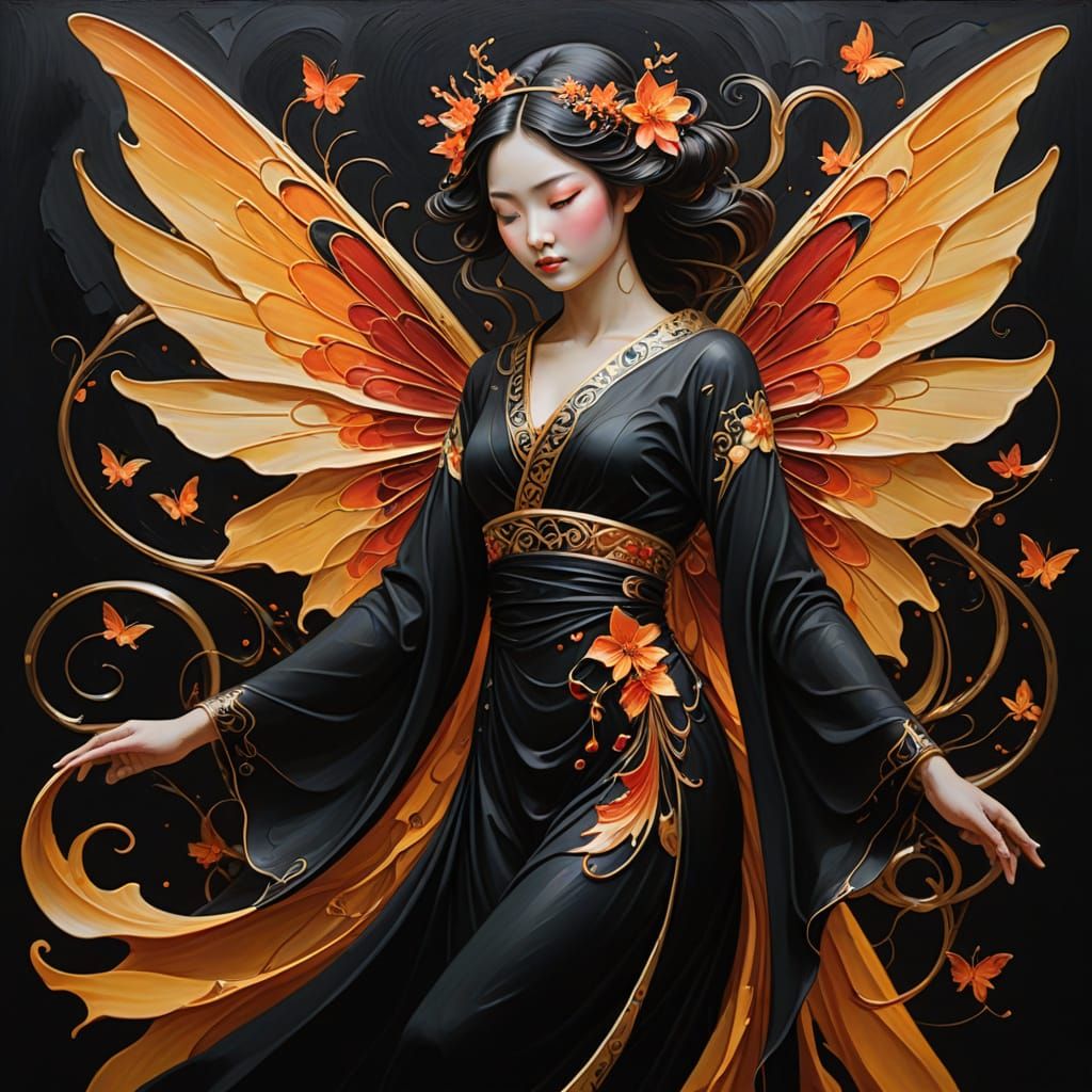 Ethereal Japanese Fairy in Art Nouveau Oil Painting