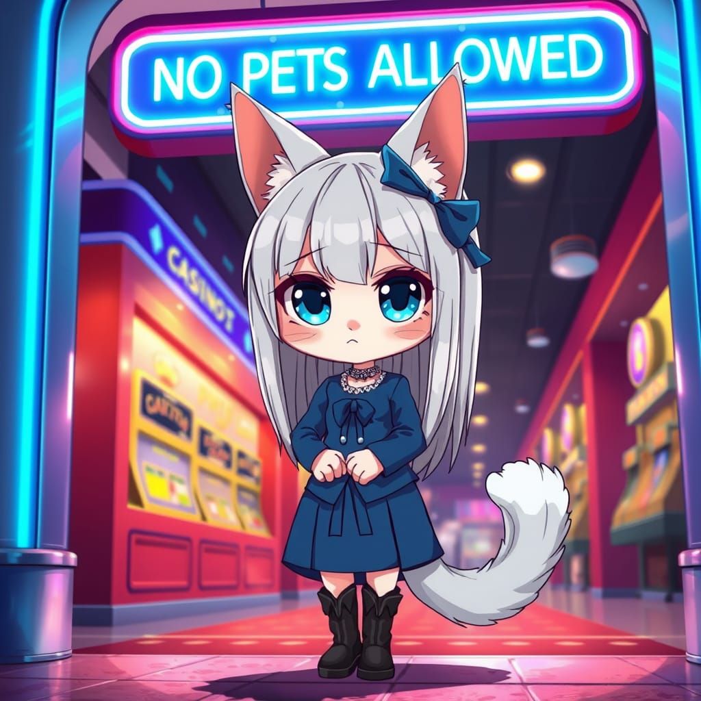Heartbroken Catgirl at Casino Entrance
