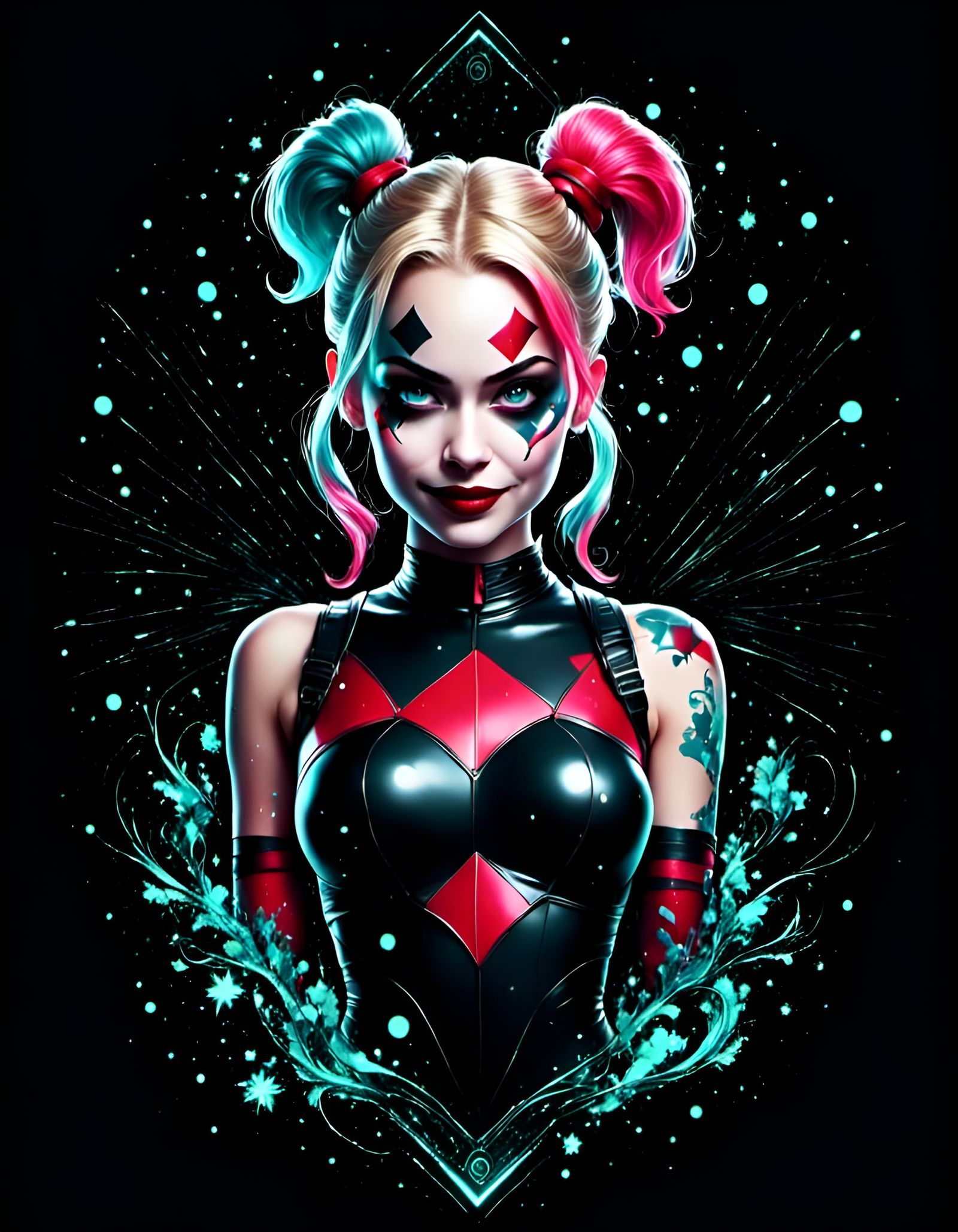 Luminescent Harley Quinn Portrait with Geometric Tattoo Art