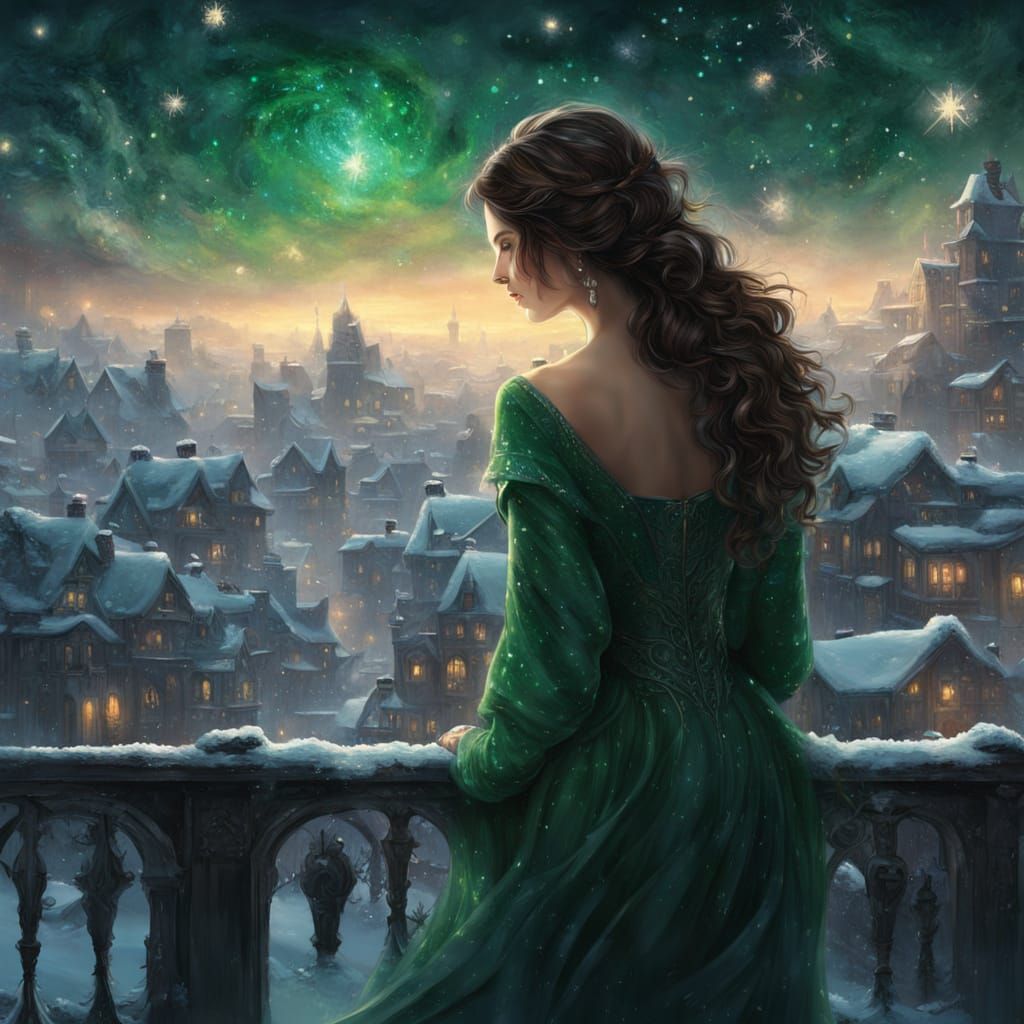 Woman in Emerald Dress Gazes at Snowy Cityscape