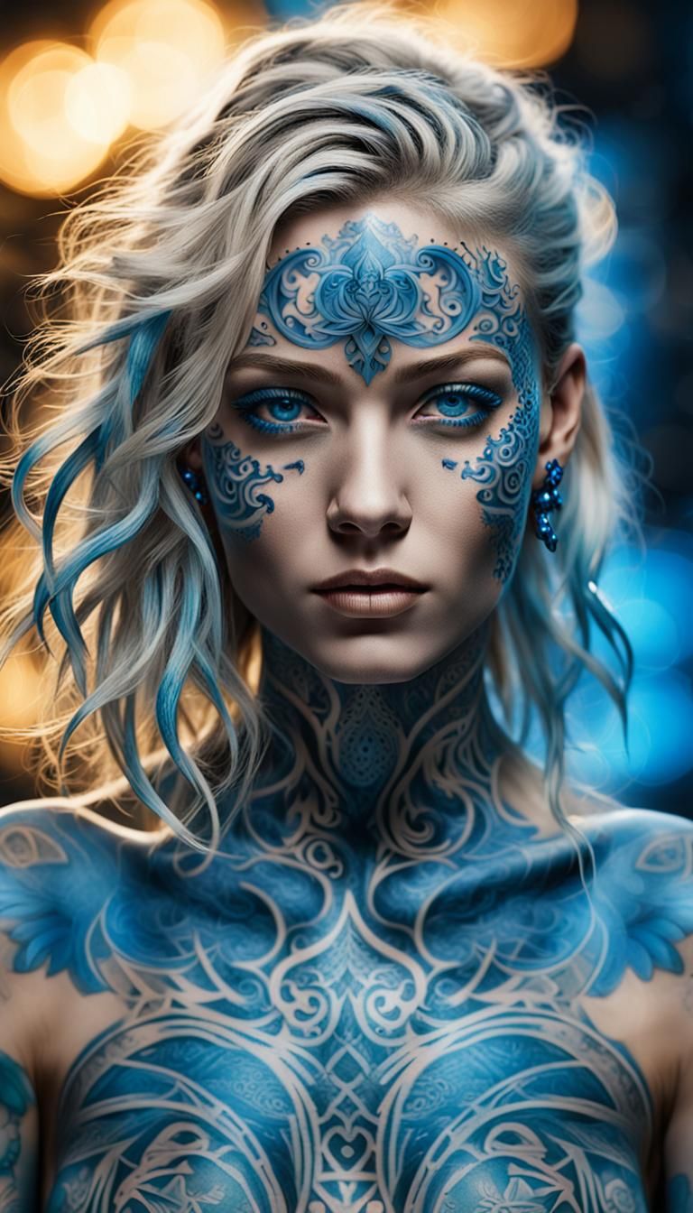 Breathtaking Blonde Woman with Glowing Blue Tattoos