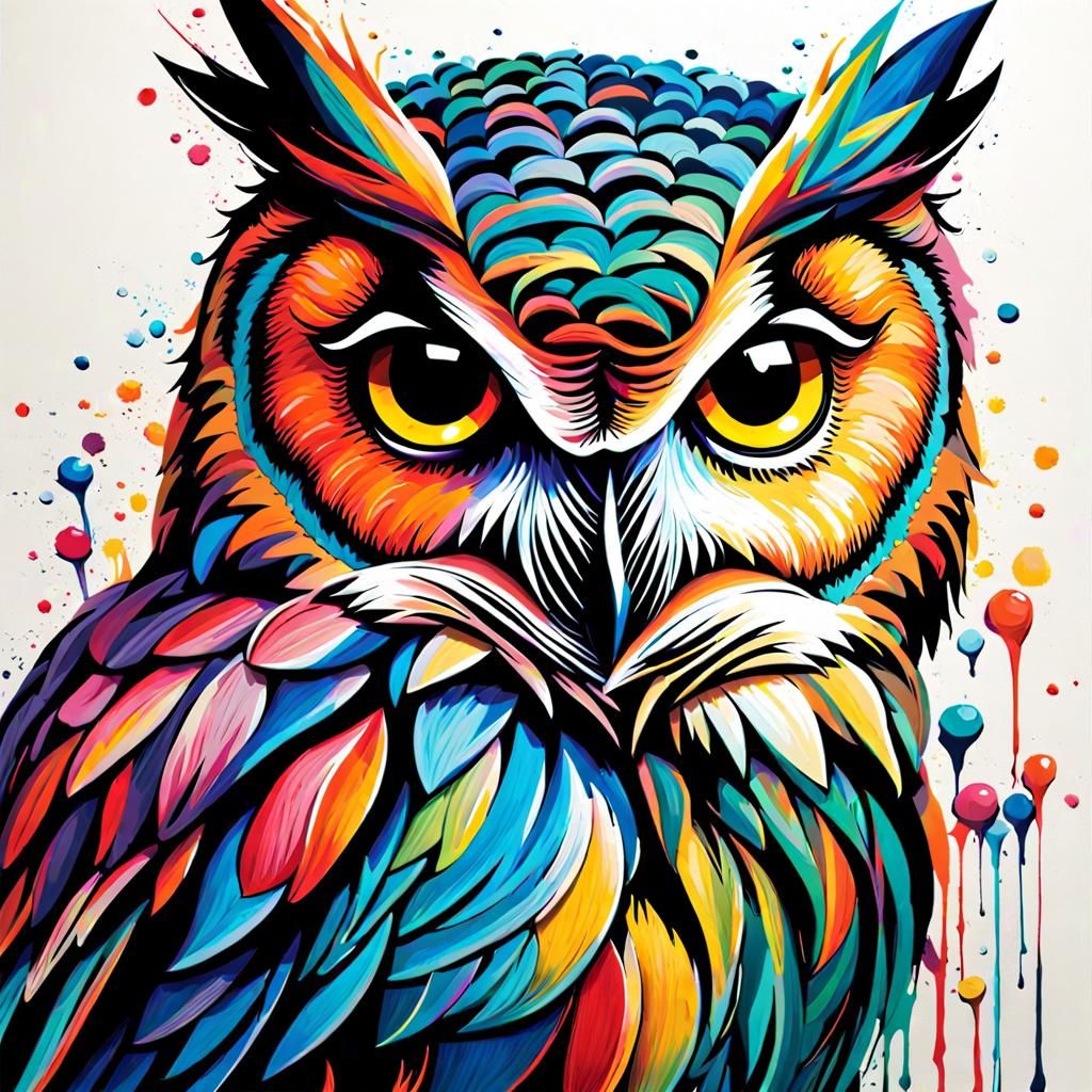 A cute owl handpainted modernoil painting, creative splashy Watercolour , Waterhouse, Josephine Wall, WLOP, chaotic cine...