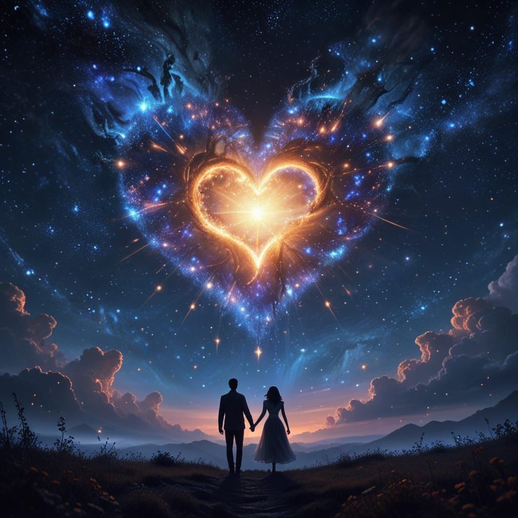 Celestial Heart in Night Sky with Silhouetted Couple