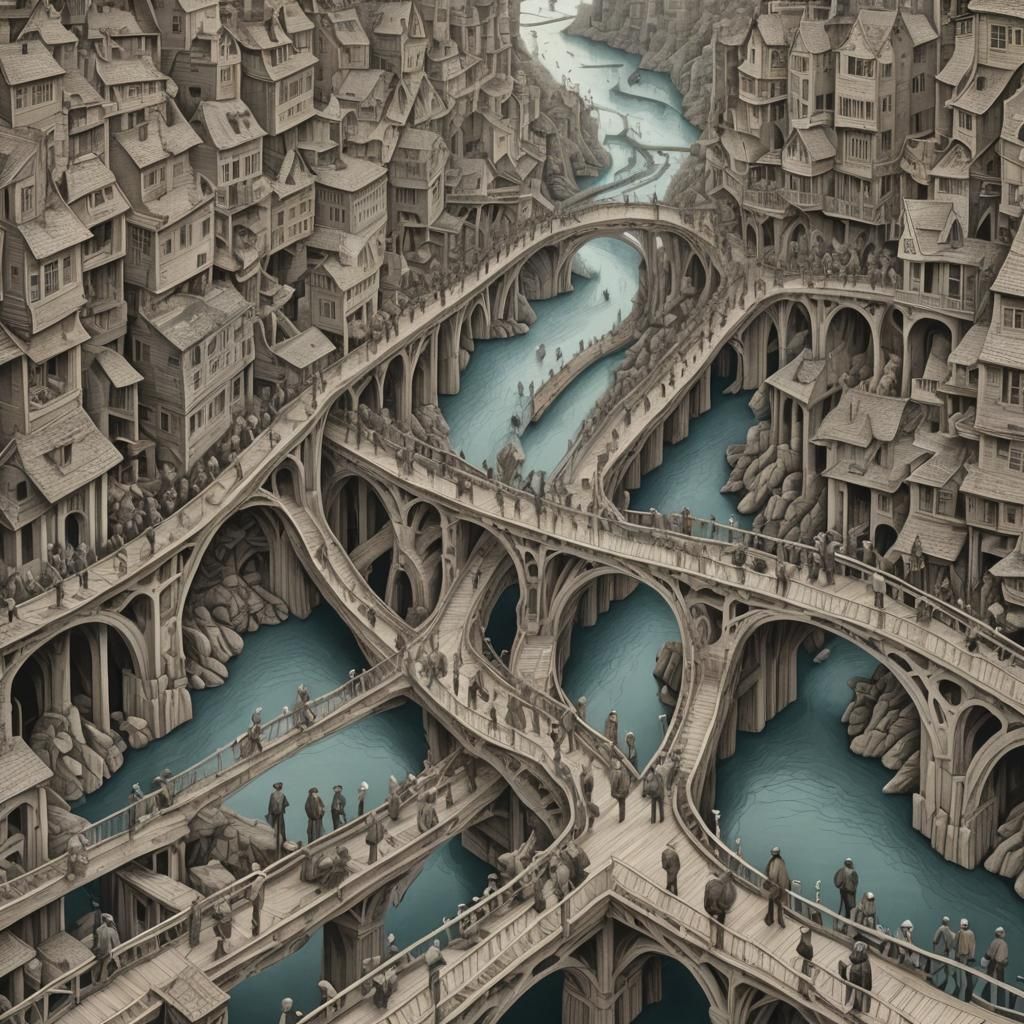 Escher-Inspired Bridges Over River Network