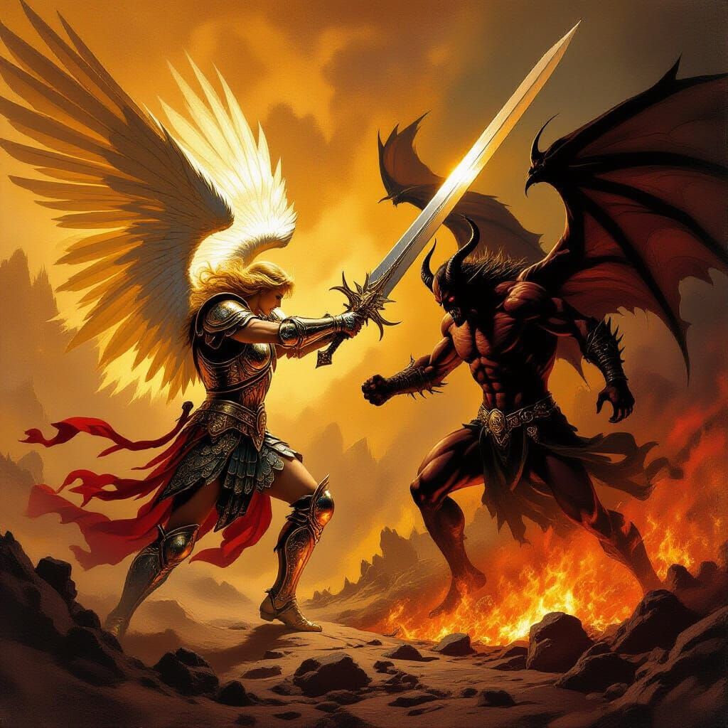 Archangel Michael Defeats Devil in Apocalyptic Landscape