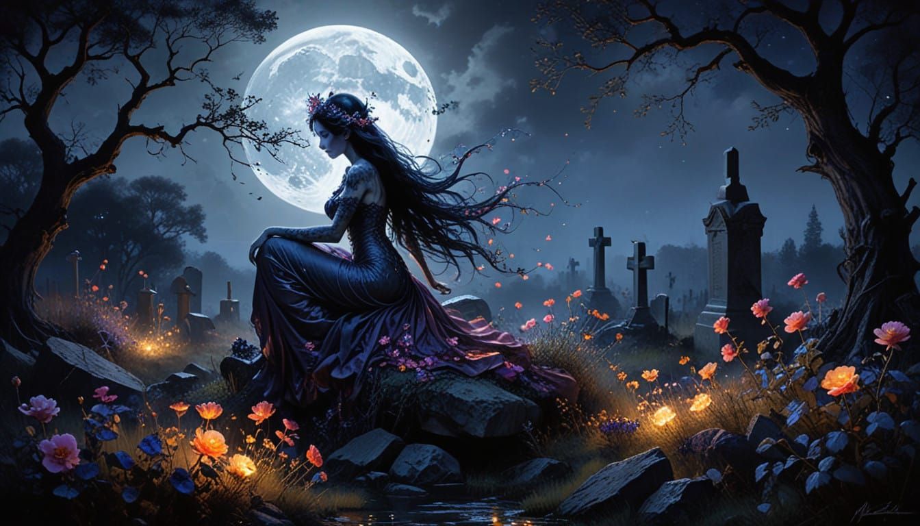 Vampire in a Crown of Wildflowers Under Full Moonlight