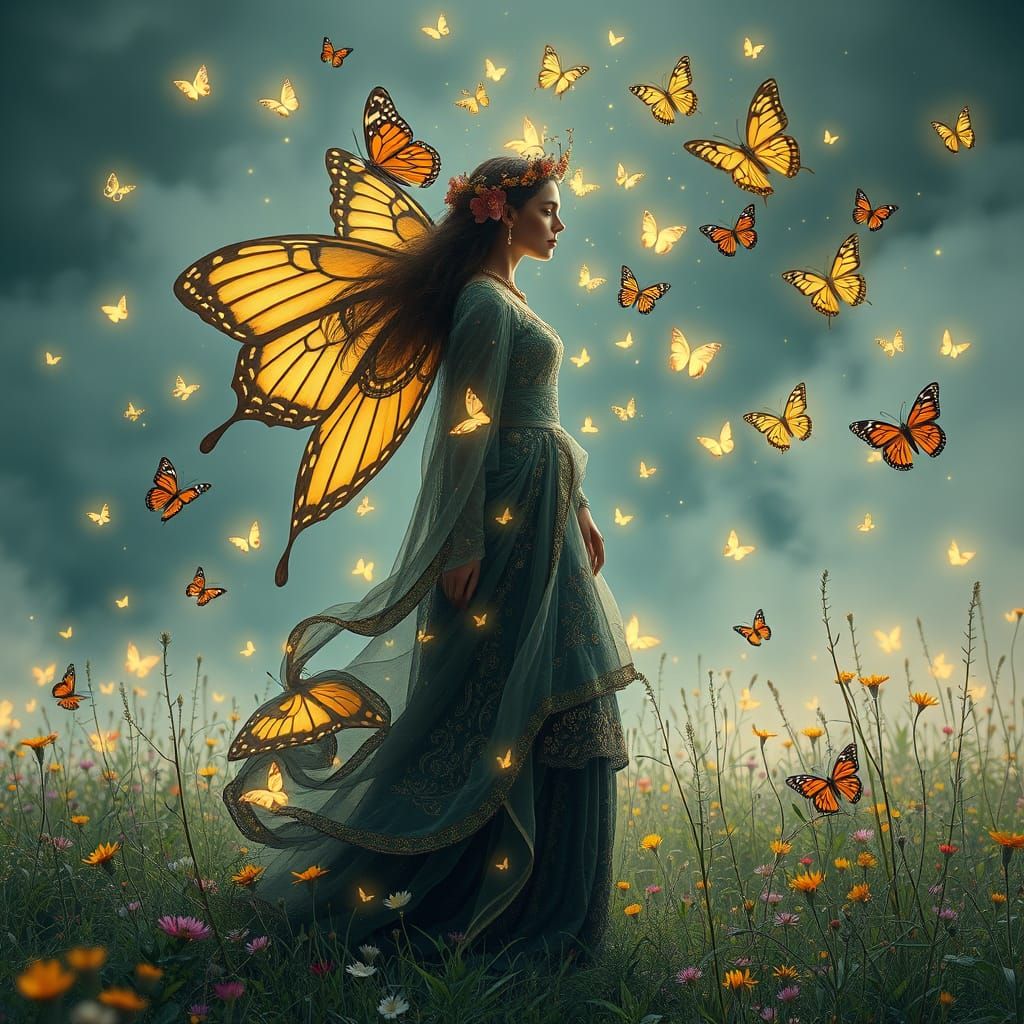 Surreal Meadow Figure Merging with Nature