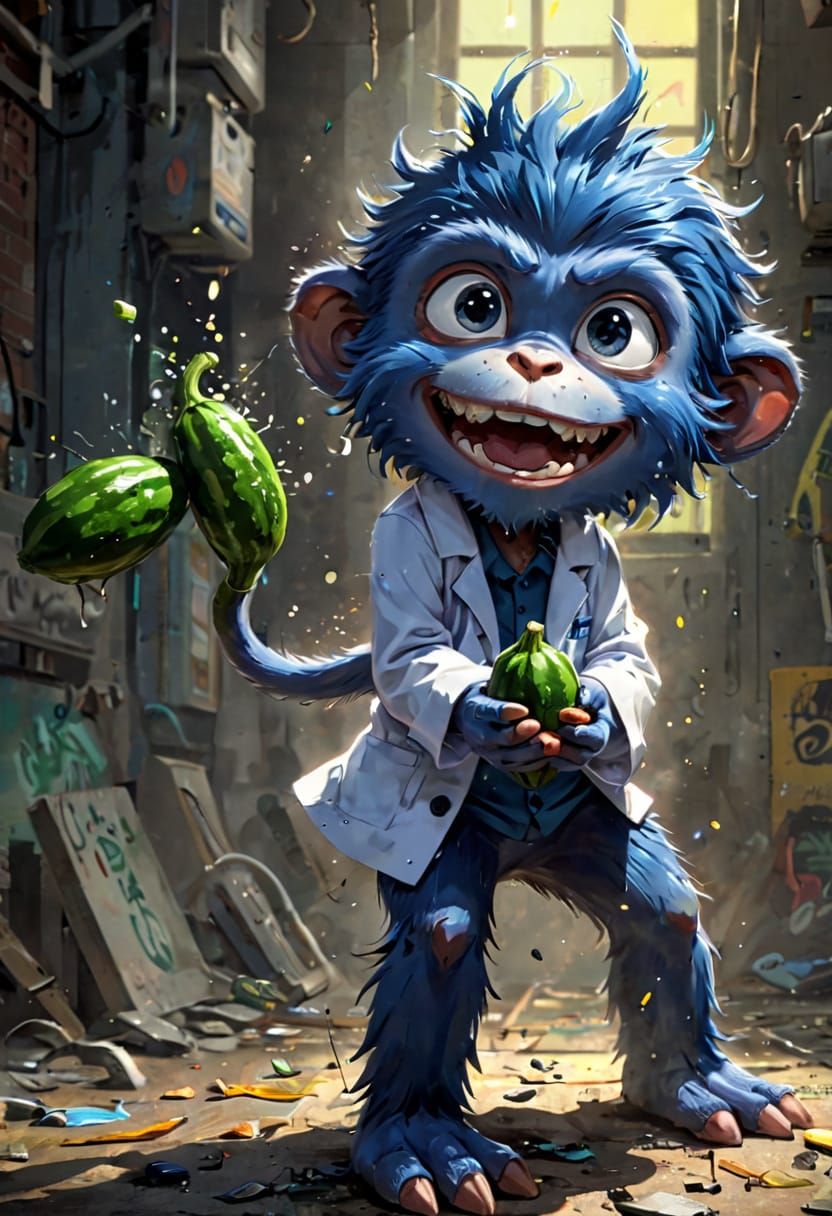 Blue Monkey in Anime Lab Coat Unleashes Sharp Teeth, Holding...