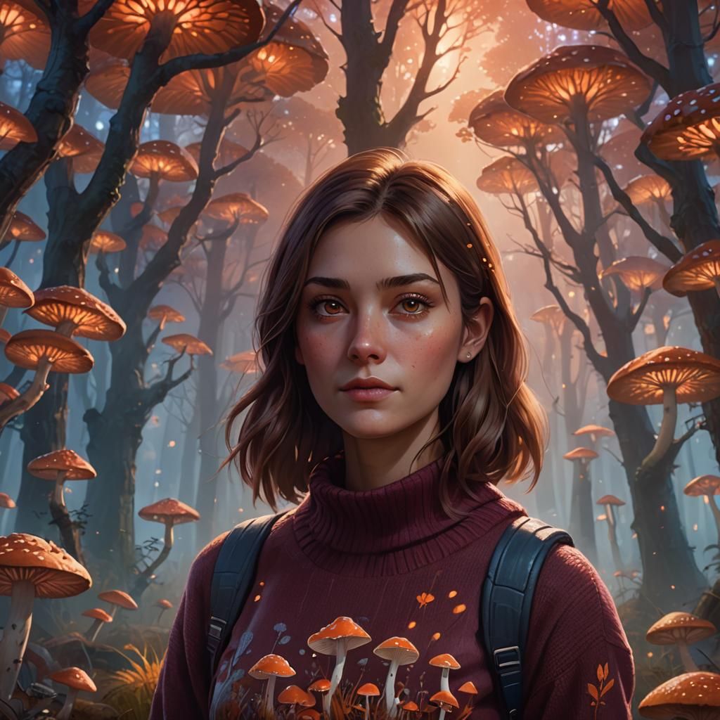Girl in Mushroom Sweater, Art Nouveau Portrait