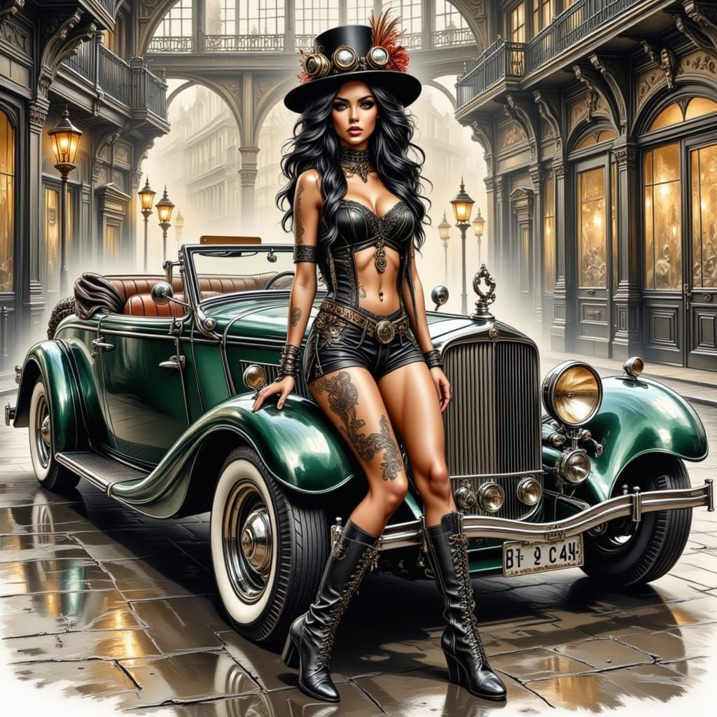Steampunk Girl in Metallic Green Clothing and Car