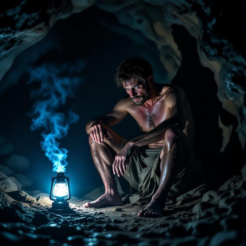 Man's Desperate Struggle in Dimly Lit Cave