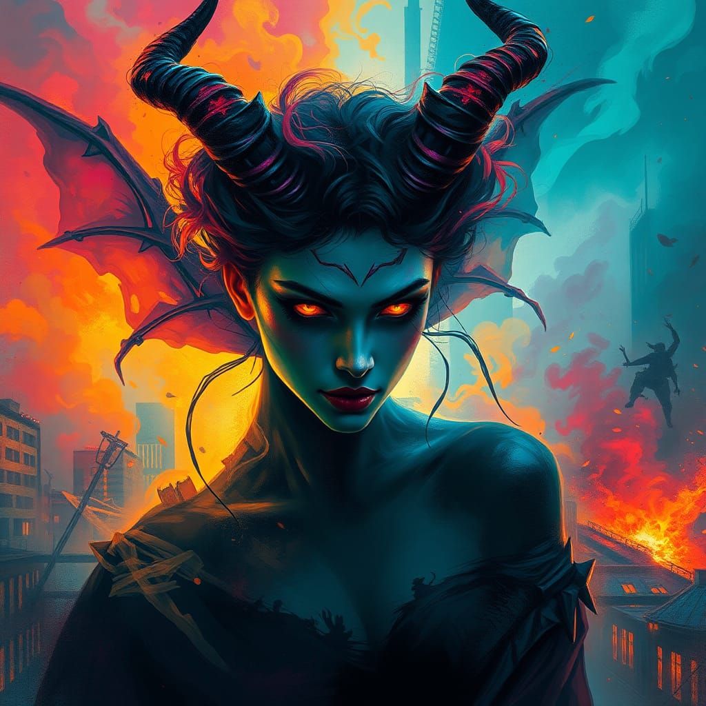 Ethereal Dark Feminine Figure in Mystical Urban Chaos