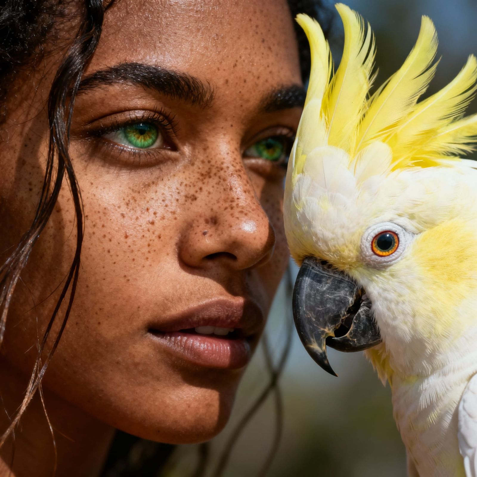 Woman and Cockatoo Portrait Ultra-Realistic Close-Up