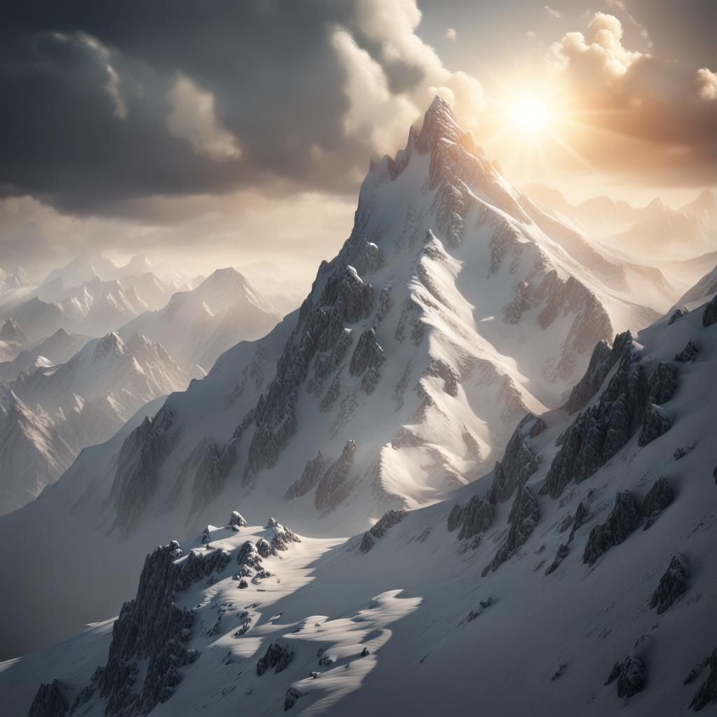 Snowy Mountain Peak with Mountain Goat: Digital Painting