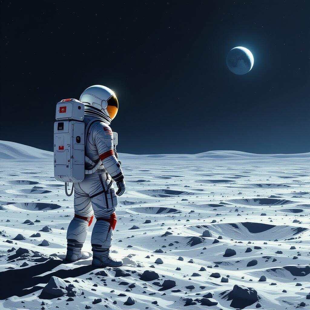 Astronaut on Lunar Surface in Digital Painting Style