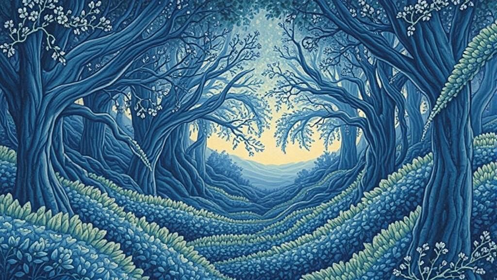 Entangled Jungle Shadows in Blue Ink