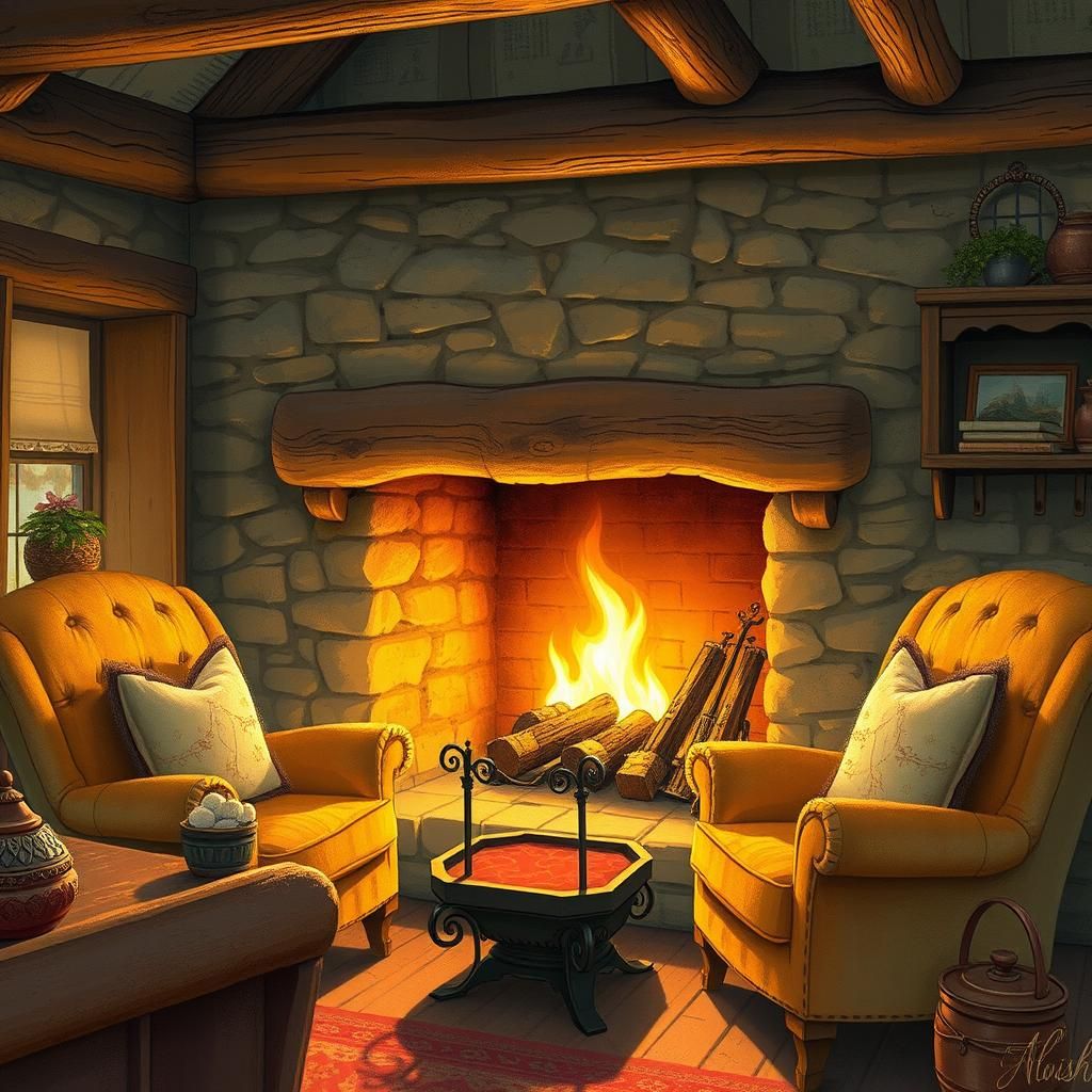 Cozy Cottage Hearth in Whimsical Illustration Style