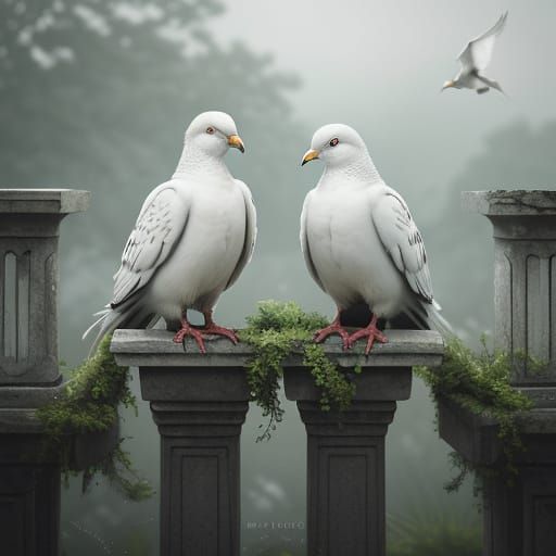 Hyperrealistic Doves Perched on Weathered Stone Balustrade
