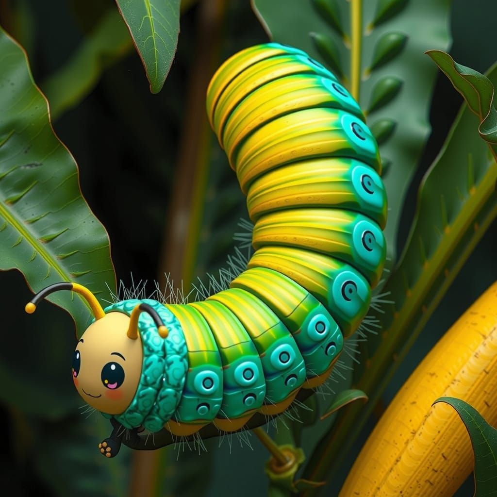 Whimsical Chibi Banana-Caterpillar in Tropical Paradise