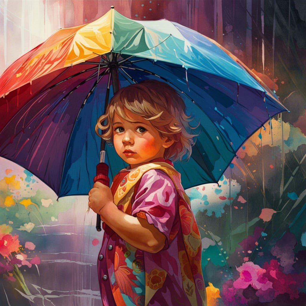 Colorful Watercolor: Toddler with Umbrella in Rain