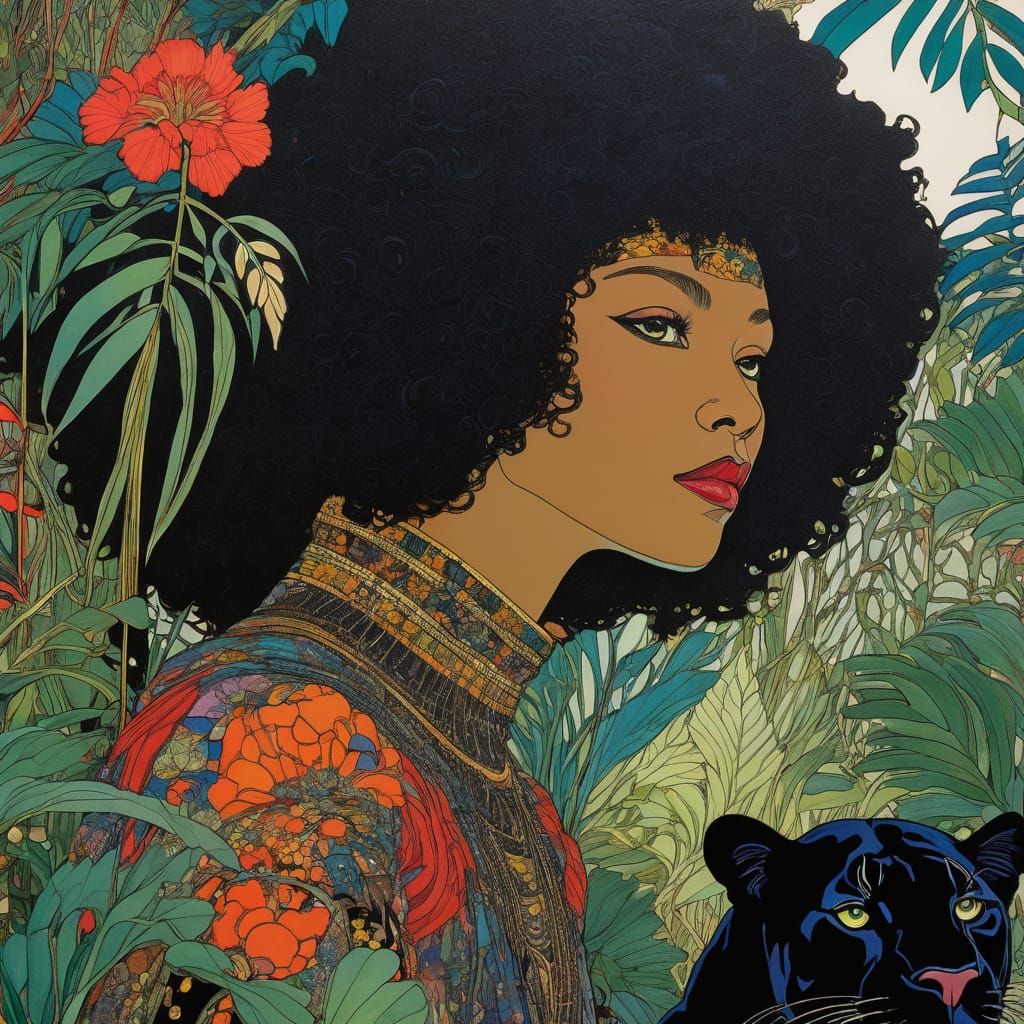 Black Panther in Night Jungle, Art Nouveau Style