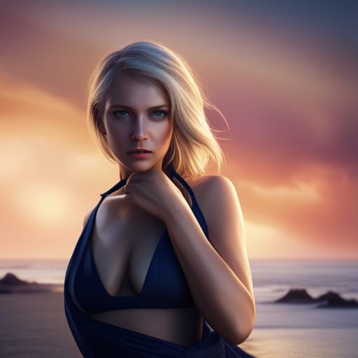 Hyperrealistic Blonde Woman on a Blue Beach
