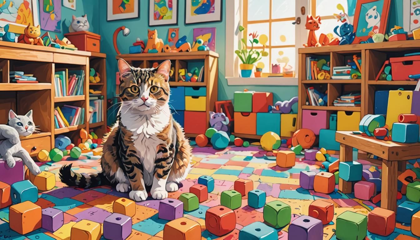 Cat in Playroom: Whimsical Doodle Art