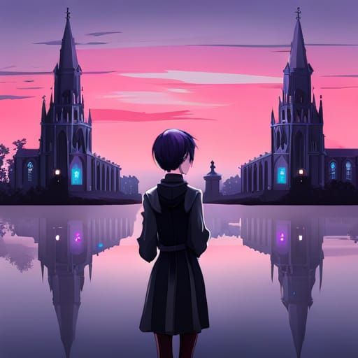 Kawaii Goth Girl with Gothic Church in Digital Art Style