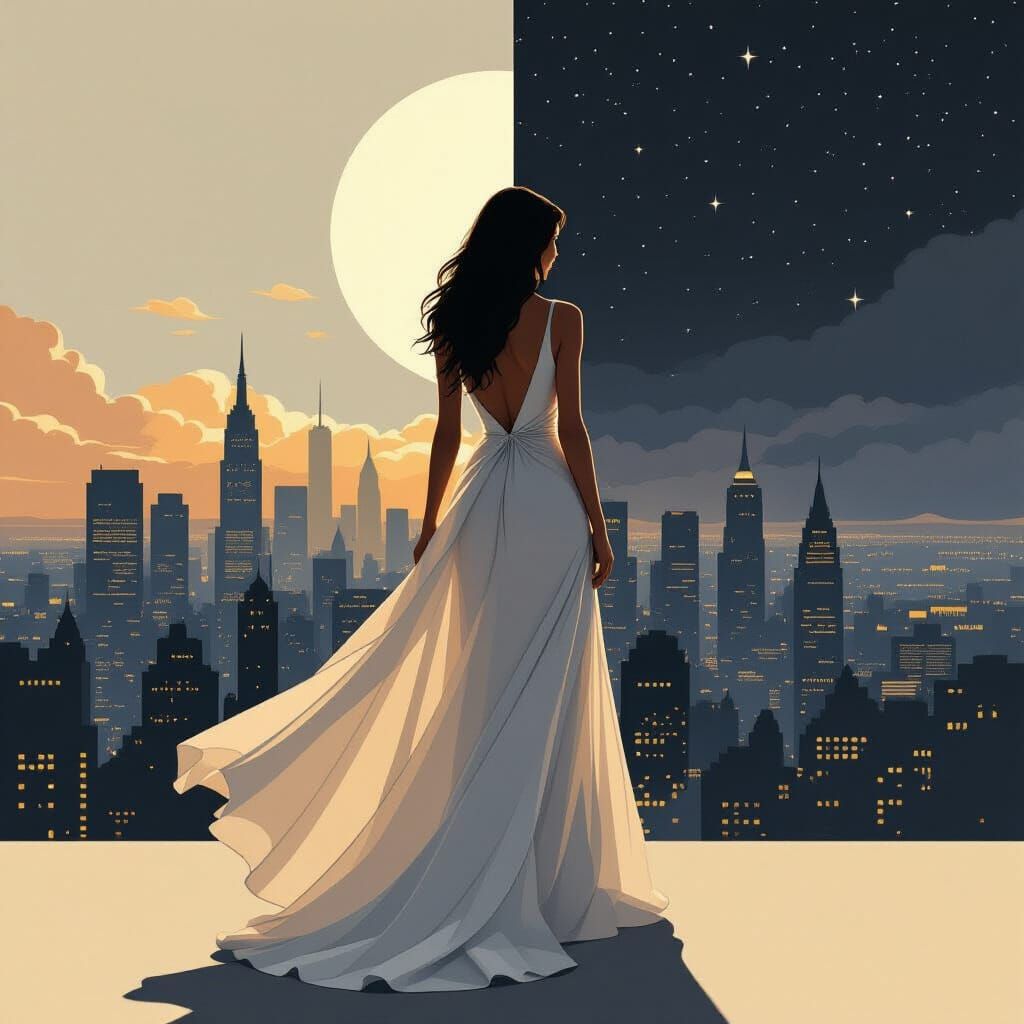 Day and Night Cityscape with Woman in Flowing Dress