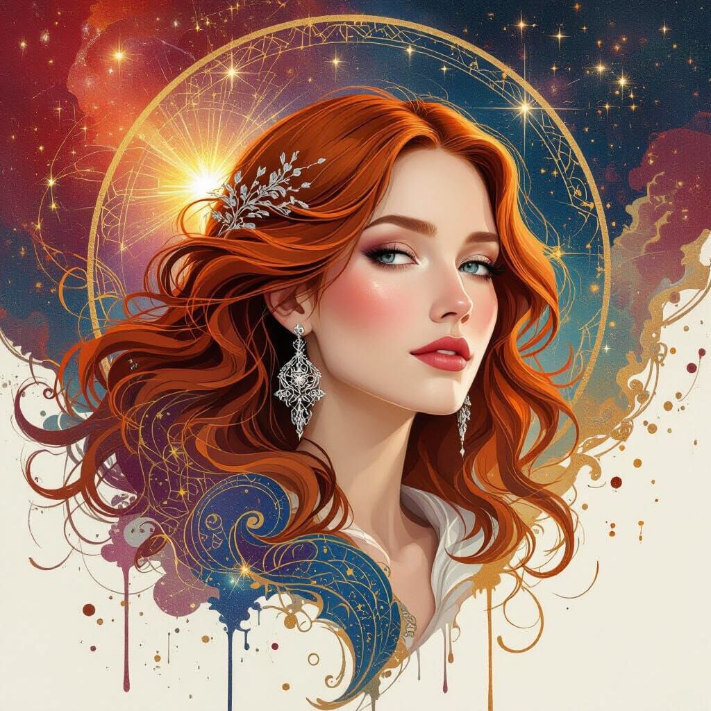 Cosmic Woman Portrait in Mixed-Media Art Style