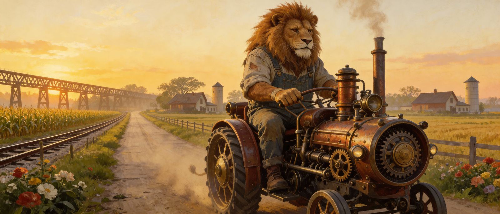 Steampunk Farm Lion Operates Tractor at Golden Hour