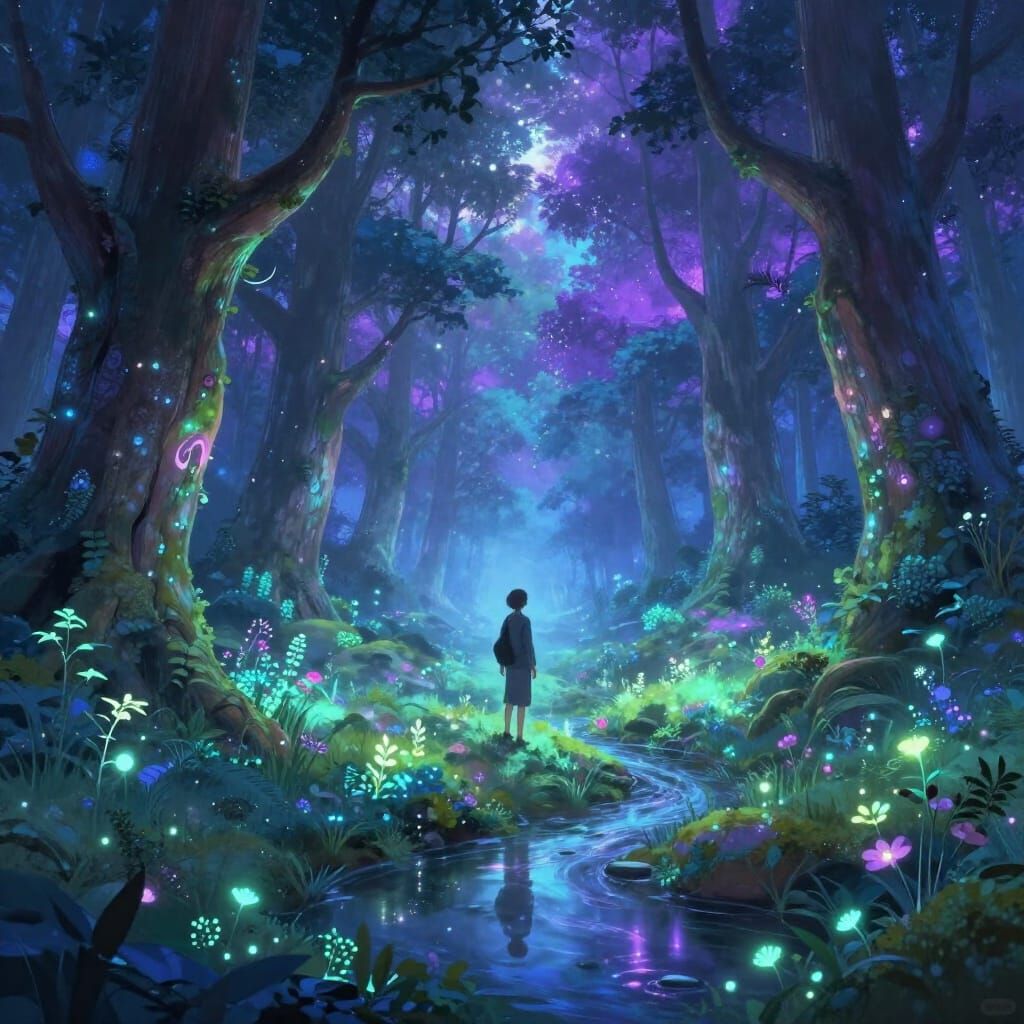 Lone Traveler in Mystical Glowing Grove